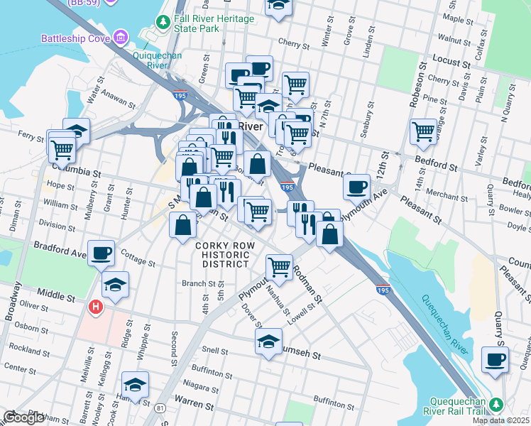 map of restaurants, bars, coffee shops, grocery stores, and more near 17 John Street in Fall River
