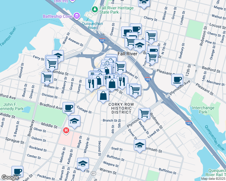 map of restaurants, bars, coffee shops, grocery stores, and more near 378 Third Street in Fall River