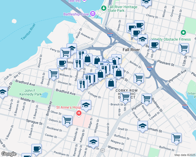 map of restaurants, bars, coffee shops, grocery stores, and more near 337 Washington Street in Fall River