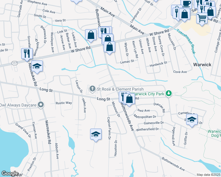map of restaurants, bars, coffee shops, grocery stores, and more near 31 Burnside Street in Warwick