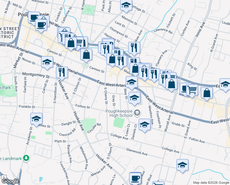 map of restaurants, bars, coffee shops, grocery stores, and more near 1 Gray Street in Poughkeepsie