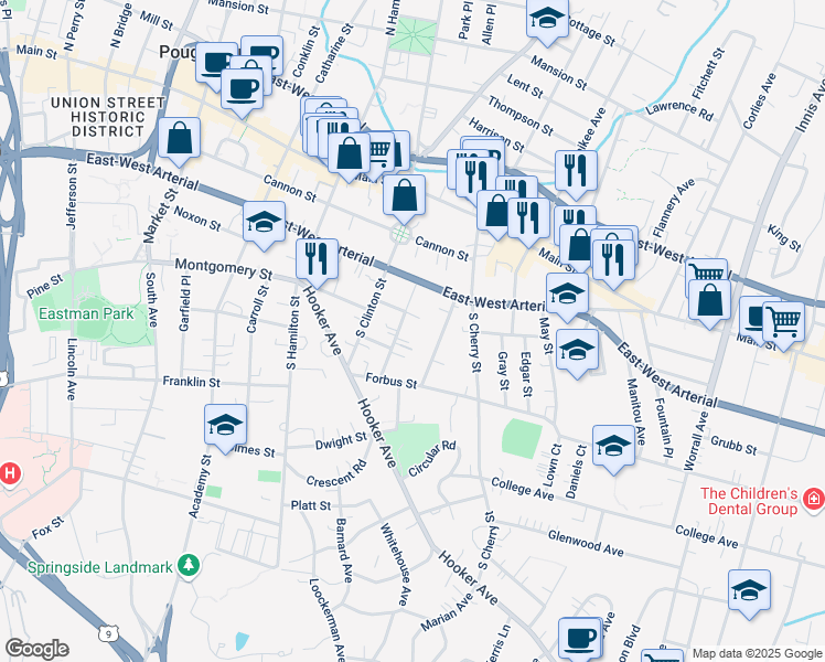 map of restaurants, bars, coffee shops, grocery stores, and more near 24 Hammersley Avenue in Poughkeepsie