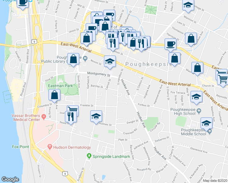 map of restaurants, bars, coffee shops, grocery stores, and more near 85 South Hamilton Street in Poughkeepsie