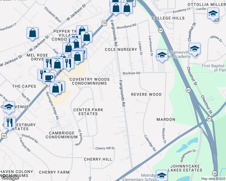 map of restaurants, bars, coffee shops, grocery stores, and more near 306 Fairgrounds Road in Painesville