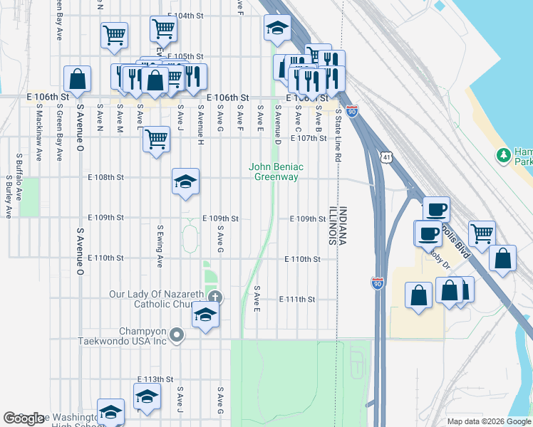 map of restaurants, bars, coffee shops, grocery stores, and more near 10900 South Avenue East in Chicago