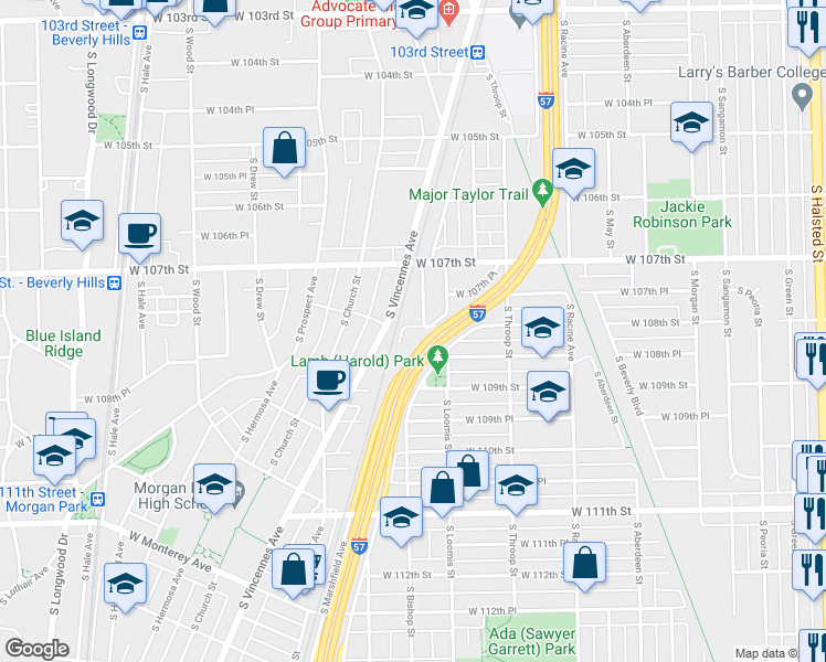 map of restaurants, bars, coffee shops, grocery stores, and more near 10817 South Bishop Street in Chicago