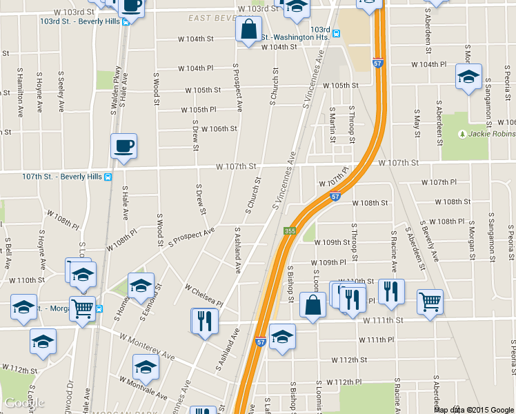 map of restaurants, bars, coffee shops, grocery stores, and more near 10834 South Vincennes Avenue in Chicago