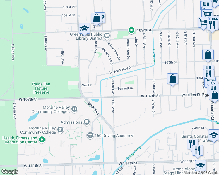 map of restaurants, bars, coffee shops, grocery stores, and more near 10675 Granada Court in Palos Hills