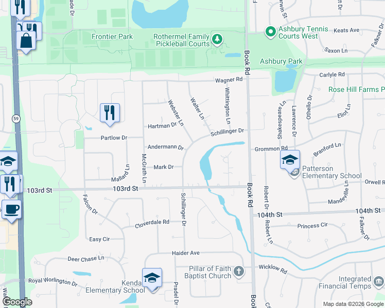 map of restaurants, bars, coffee shops, grocery stores, and more near 11S707 Schillinger Drive in Naperville