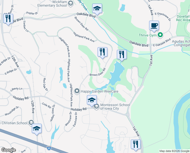 map of restaurants, bars, coffee shops, grocery stores, and more near 1778 Brown Deer Ridge in Coralville