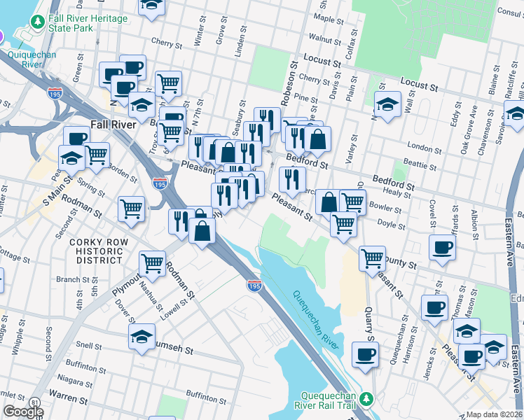 map of restaurants, bars, coffee shops, grocery stores, and more near 30 Front St in Fall River
