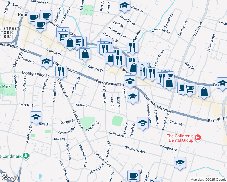 map of restaurants, bars, coffee shops, grocery stores, and more near 1 Gray Street in Poughkeepsie