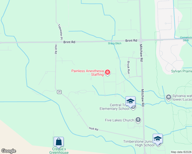 map of restaurants, bars, coffee shops, grocery stores, and more near 9227 Brint Road in Sylvania