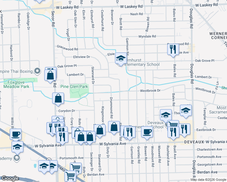 map of restaurants, bars, coffee shops, grocery stores, and more near 4315 Elmhurst Road in Toledo