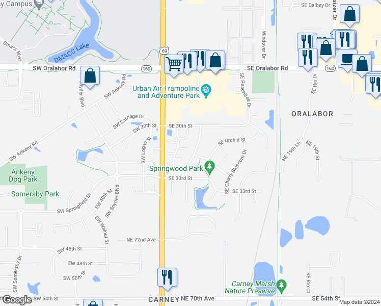 map of restaurants, bars, coffee shops, grocery stores, and more near 3114 Southeast Grant Street in Ankeny