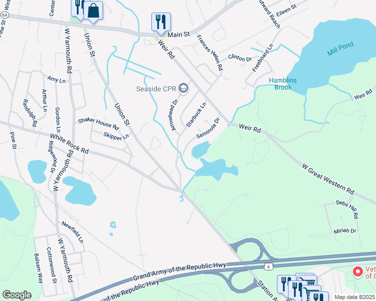 map of restaurants, bars, coffee shops, grocery stores, and more near 6 Seminole Drive in Yarmouth