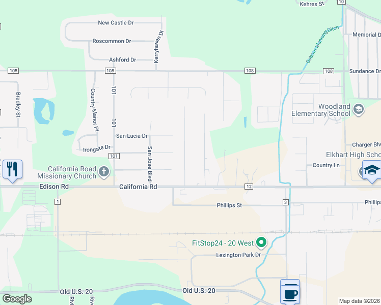 map of restaurants, bars, coffee shops, grocery stores, and more near 54886 Eisenhower Drive in Elkhart
