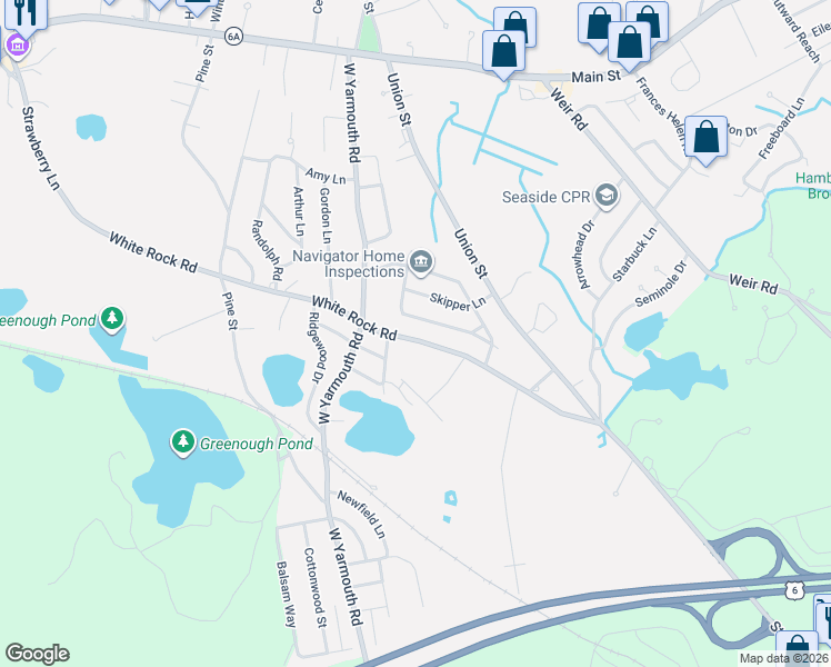 map of restaurants, bars, coffee shops, grocery stores, and more near 106 White Rock Road in Yarmouth