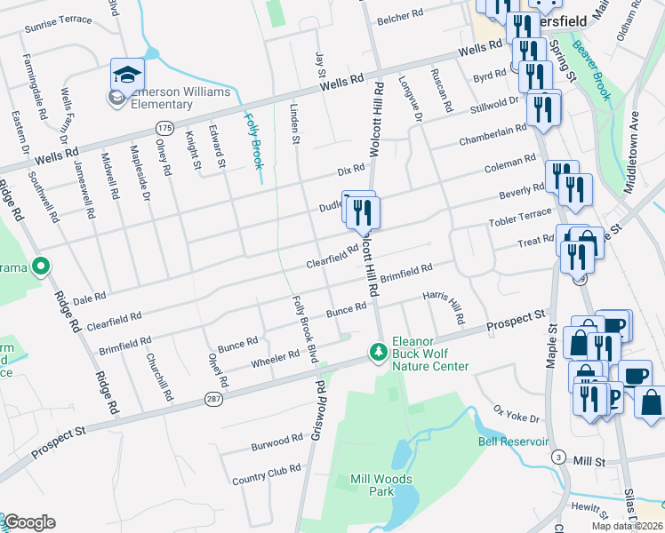map of restaurants, bars, coffee shops, grocery stores, and more near 263 Brimfield Road in Wethersfield