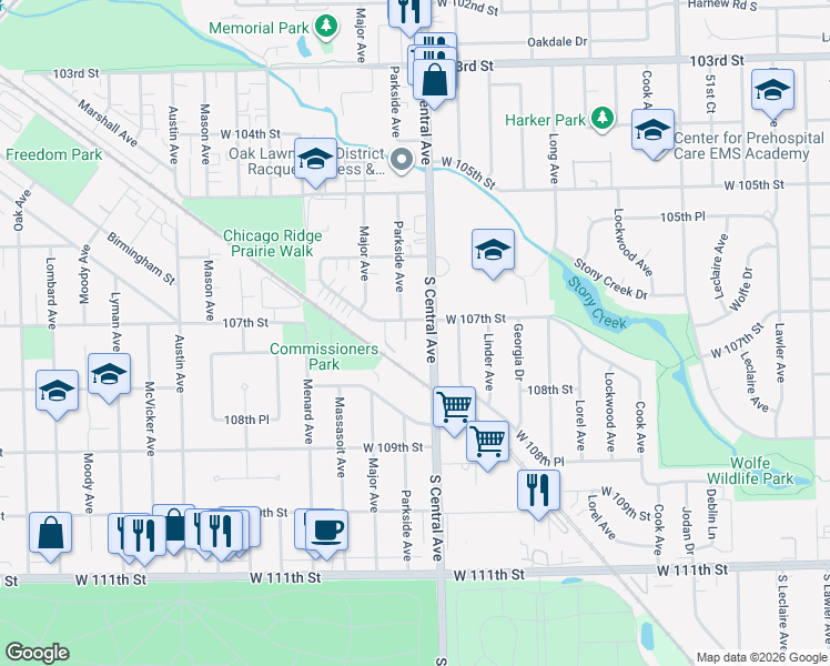 map of restaurants, bars, coffee shops, grocery stores, and more near 10720 Central Avenue in Chicago Ridge