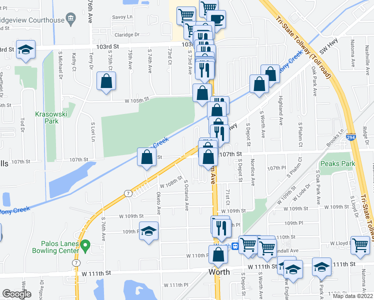 map of restaurants, bars, coffee shops, grocery stores, and more near 7240 Southwest Highway in Worth
