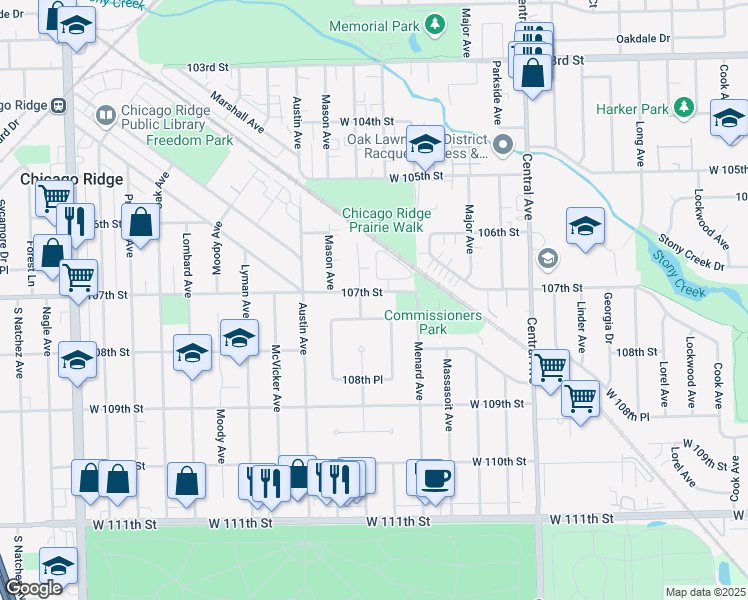 map of restaurants, bars, coffee shops, grocery stores, and more near 5856 107th Place in Chicago Ridge