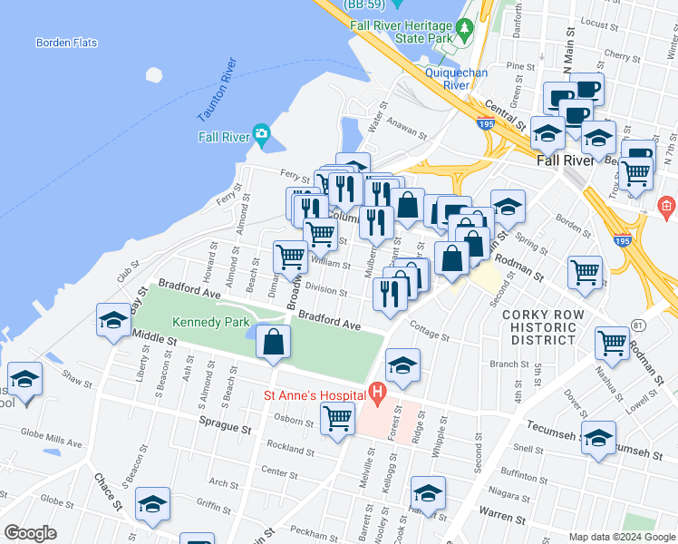 map of restaurants, bars, coffee shops, grocery stores, and more near 255 Fountain Street in Fall River