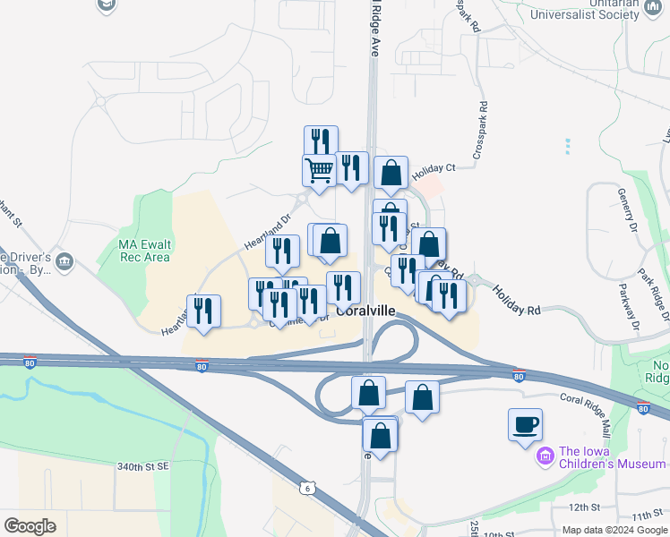 map of restaurants, bars, coffee shops, grocery stores, and more near 2795 Commerce Drive in Coralville
