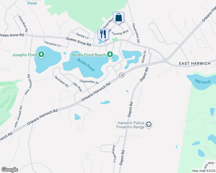 map of restaurants, bars, coffee shops, grocery stores, and more near 1193 Orleans-Harwich Road in Harwich