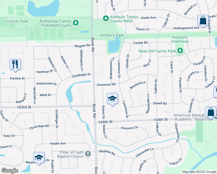 map of restaurants, bars, coffee shops, grocery stores, and more near 1711 Albert Hall Court in Naperville