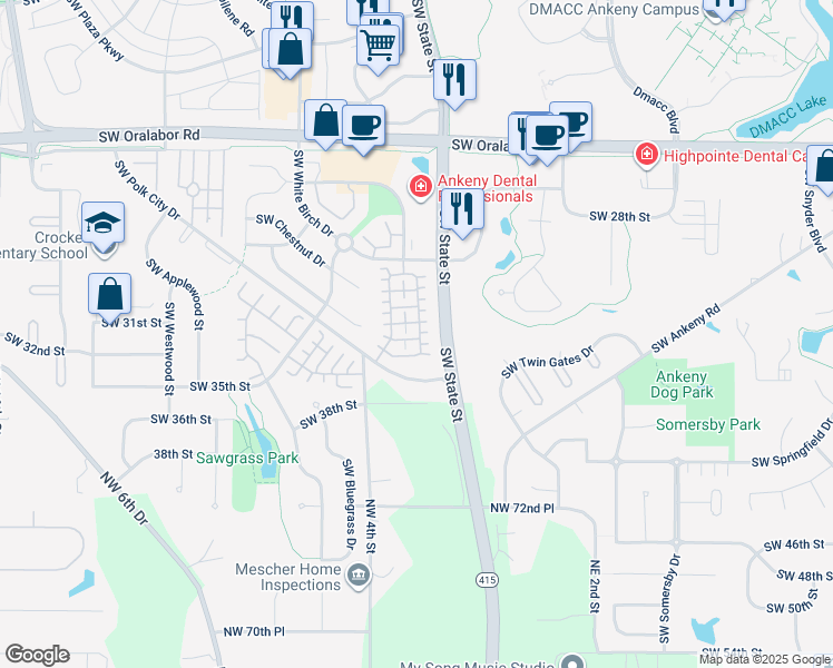 map of restaurants, bars, coffee shops, grocery stores, and more near 3146 Southwest Arlan Lane in Ankeny