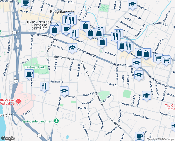 map of restaurants, bars, coffee shops, grocery stores, and more near 30 Hooker Avenue in Poughkeepsie
