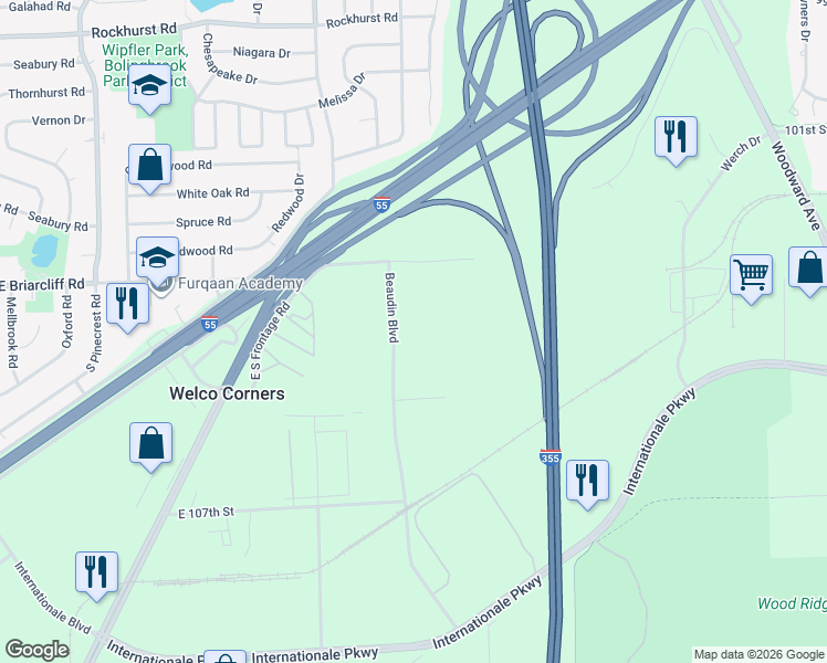 map of restaurants, bars, coffee shops, grocery stores, and more near 10441 Beaudin Boulevard in Woodridge