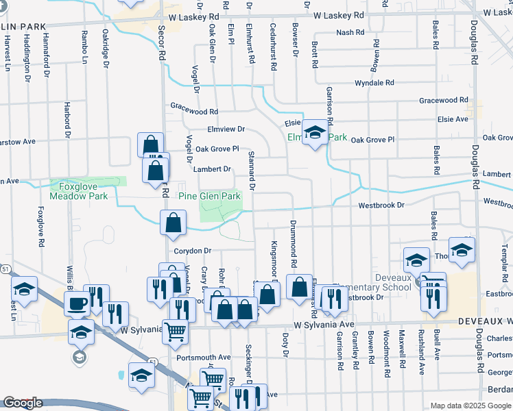 map of restaurants, bars, coffee shops, grocery stores, and more near 3049 Westbrook Dr in Toledo
