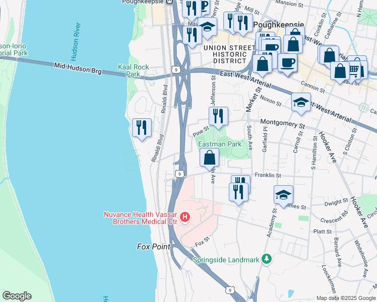 map of restaurants, bars, coffee shops, grocery stores, and more near 46 Pine Street in Poughkeepsie
