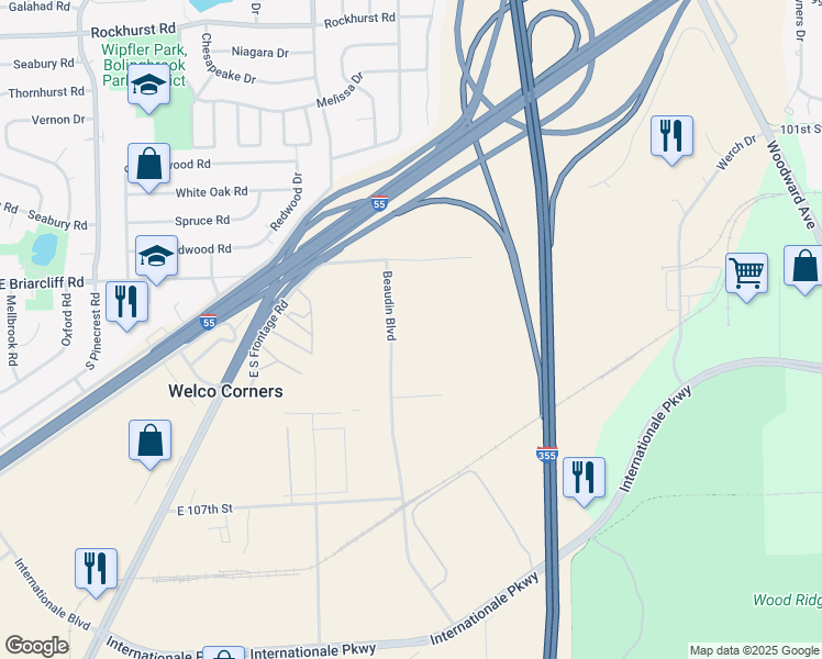 map of restaurants, bars, coffee shops, grocery stores, and more near 10441 Beaudin Boulevard in Woodridge