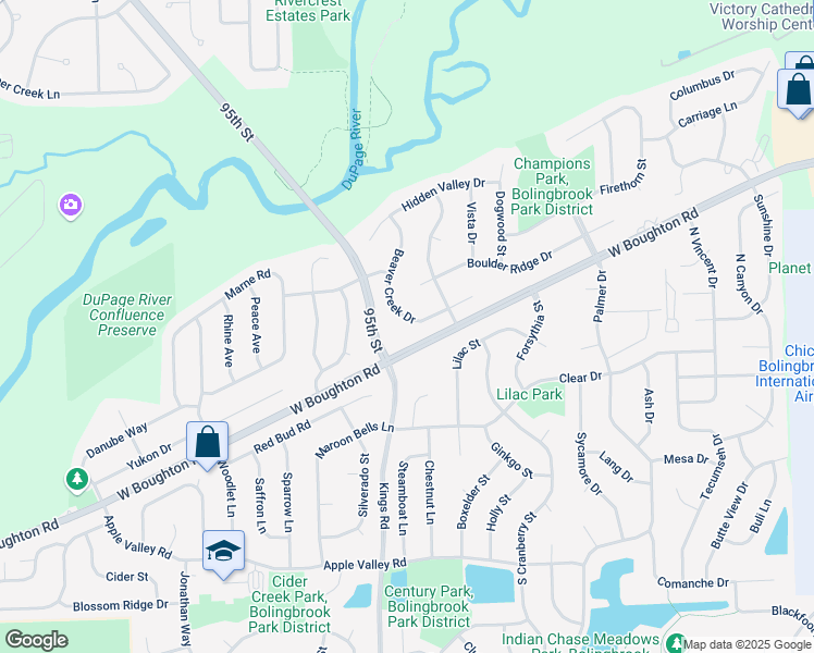 map of restaurants, bars, coffee shops, grocery stores, and more near 173 Beaver Creek Drive in Bolingbrook
