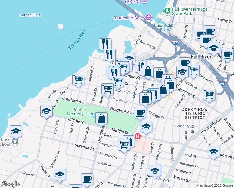 map of restaurants, bars, coffee shops, grocery stores, and more near 227 Eagle Street in Fall River