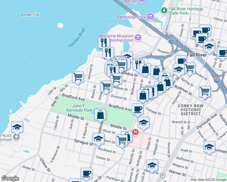 map of restaurants, bars, coffee shops, grocery stores, and more near 288 Broadway in Fall River