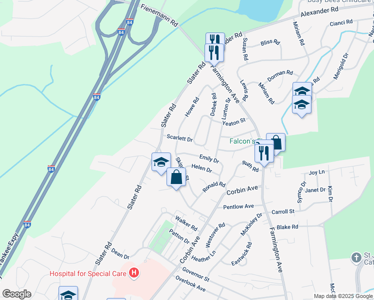 map of restaurants, bars, coffee shops, grocery stores, and more near 97 Skipper Street in New Britain