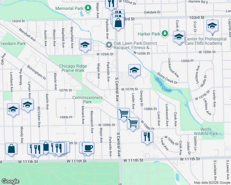 map of restaurants, bars, coffee shops, grocery stores, and more near 10720 Central Avenue in Chicago Ridge