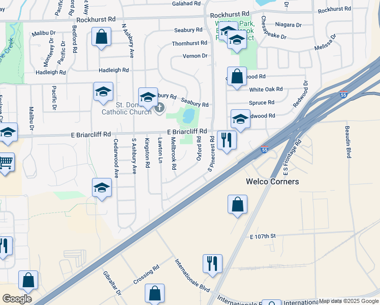 map of restaurants, bars, coffee shops, grocery stores, and more near 183 Nutwood Court in Bolingbrook