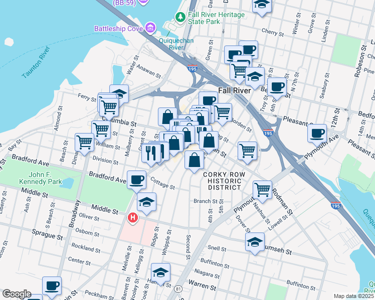 map of restaurants, bars, coffee shops, grocery stores, and more near 21 Ridge Street in Fall River
