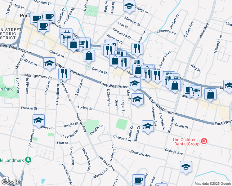 map of restaurants, bars, coffee shops, grocery stores, and more near 7 Fox Terrace in Poughkeepsie