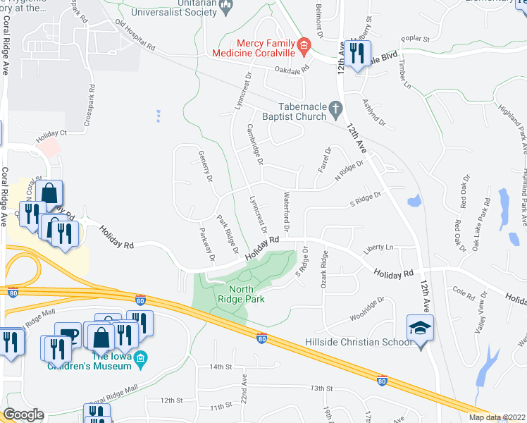 map of restaurants, bars, coffee shops, grocery stores, and more near 1 Lynncrest Circle in Coralville