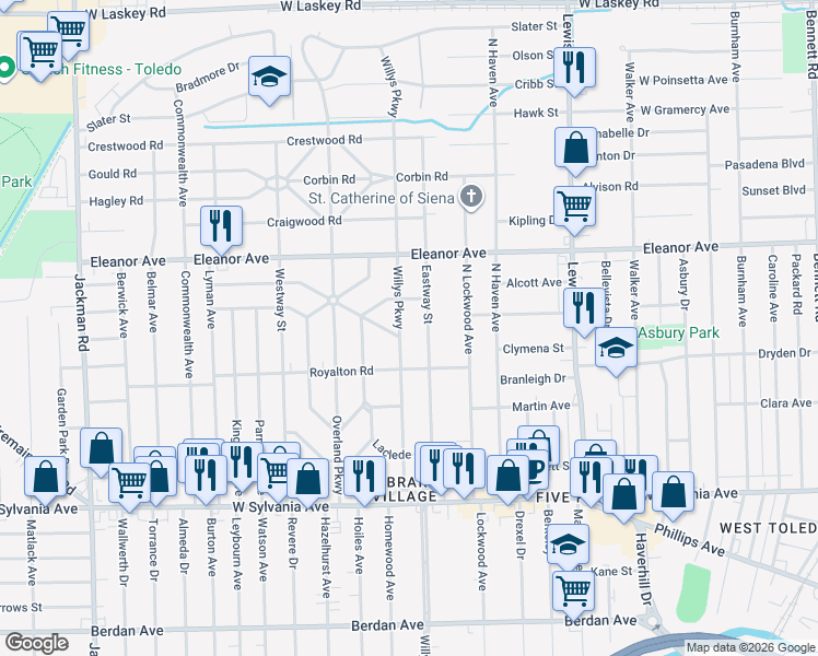 map of restaurants, bars, coffee shops, grocery stores, and more near 4322 Willys Parkway in Toledo