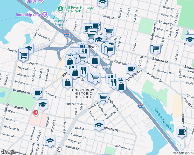 map of restaurants, bars, coffee shops, grocery stores, and more near 17 John Street in Fall River
