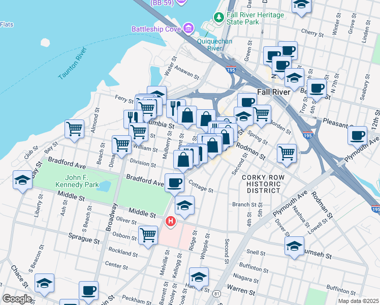 map of restaurants, bars, coffee shops, grocery stores, and more near 140 Grant Street in Fall River