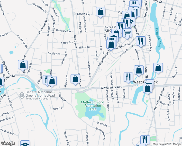 map of restaurants, bars, coffee shops, grocery stores, and more near 361 Washington Street in West Warwick