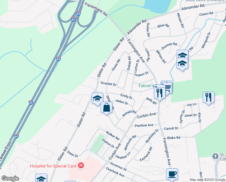 map of restaurants, bars, coffee shops, grocery stores, and more near 97 Skipper Street in New Britain